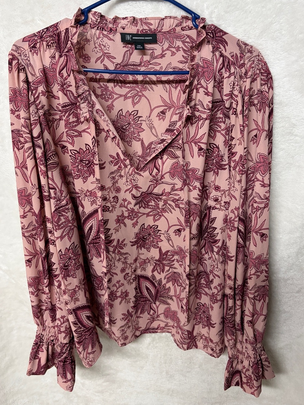 INC International Concepts Mauve & Burgundy Floral V-Neck Ruffle Blouse